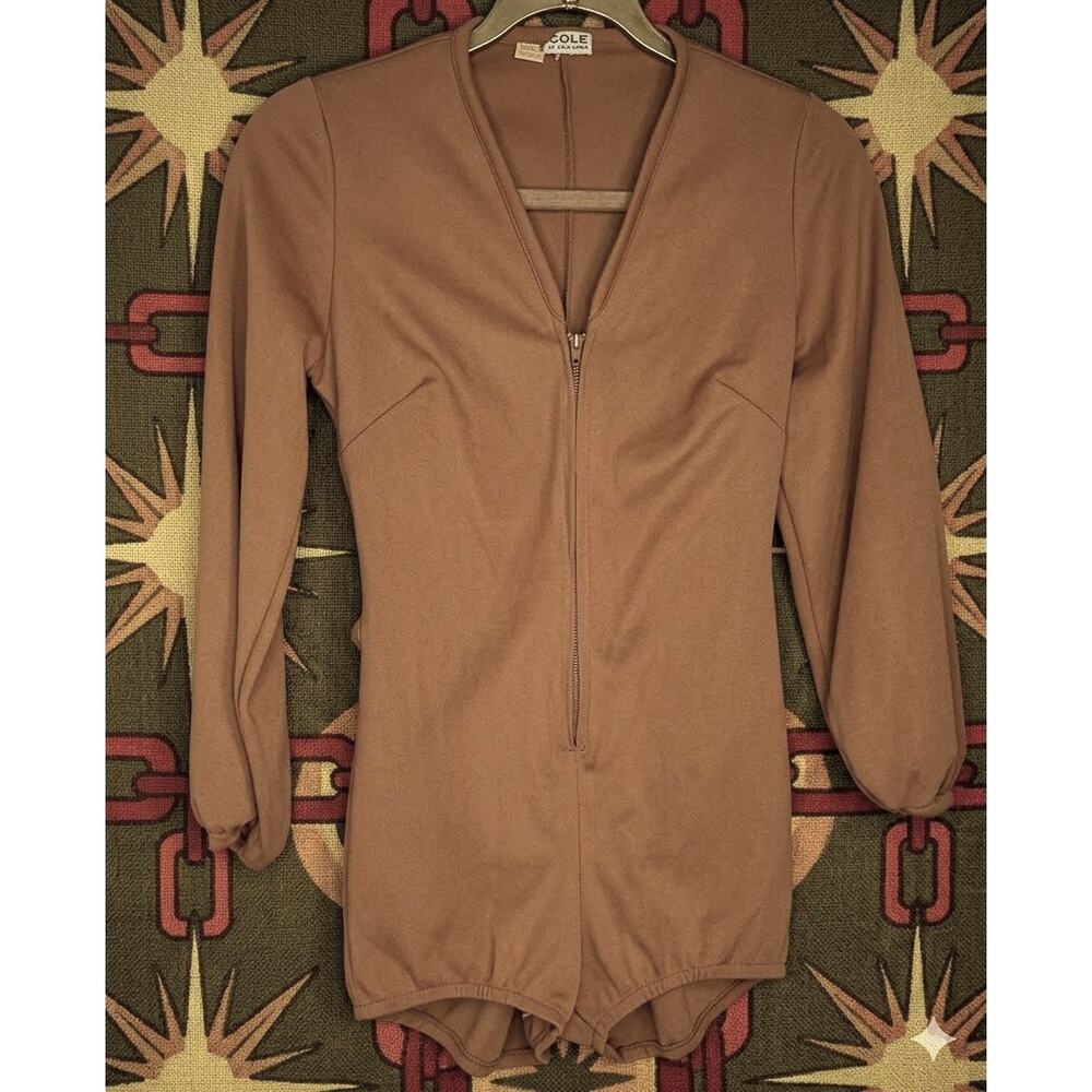 VTG 70s Cole of California Romper Bodysuit Brown Zip Long Sleeve Playsuit READ